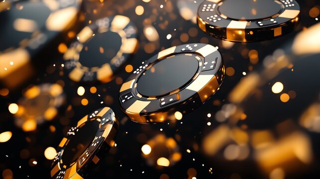 Black and gold casino chips floating