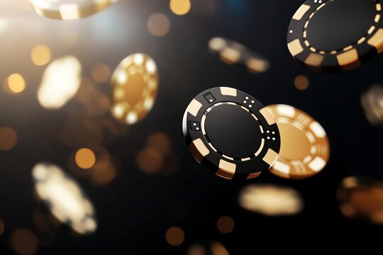 Black and gold casino chips floating