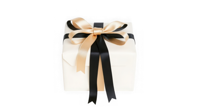 A neatly wrapped white gift box adorned with a luxurious gold and black ribbon and bow, presented on a plain transparent background