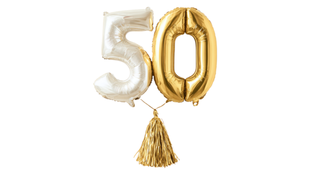 Floating gold foil "50" balloon with tassel tail, sophisticated party number, transparent background 