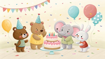 Obraz premium Adorable cartoon animals celebrate birthday with cake and balloons, a delightful scene for kids' parties