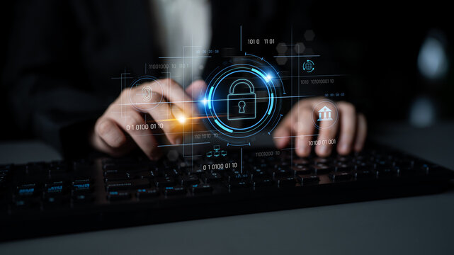 Cybersecurity system interface with biometric lock and data protection. Cybersecurity protects access, identity, cyber security prevents threats, and cyber security supports digital systems. Latch - Powered by Adobe