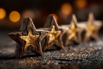 Five wooden stars with golden centers on rustic surface, representing customer review, user rating, and client satisfaction