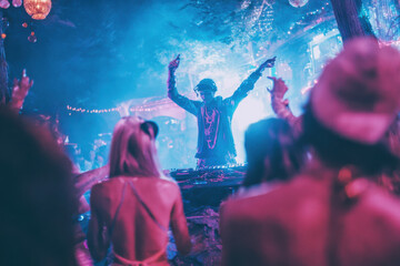 electrifying scene of vibrant electronic music party filled with dynamic visual installations