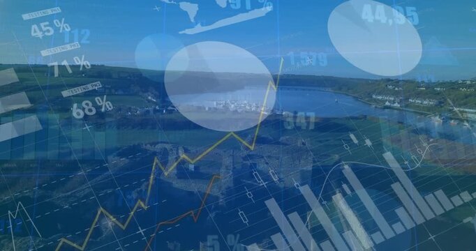 Drone flying over castle ruin starting sliding bars and animating gauge, fading pies showing data