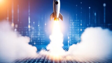 Rocket Launching with Clouds of Smoke Against a Blue Background of Binary Code Representing Technological Advancement and Digital Transformation - Powered by Adobe