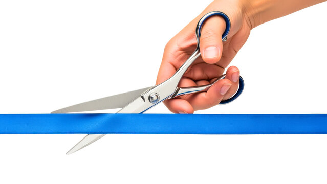 Hand Cutting Blue Ribbon with Scissors
