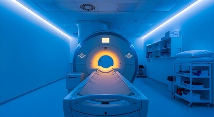 Naklejka premium Blue Lit MRI Scan Room with Medical Equipment