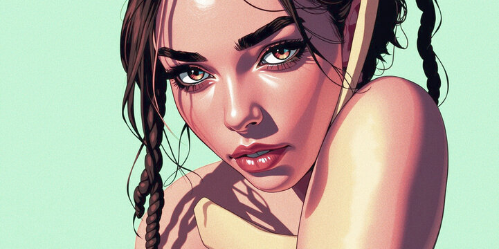 Portrait of a brunette woman on a green background with a few abstract elements.