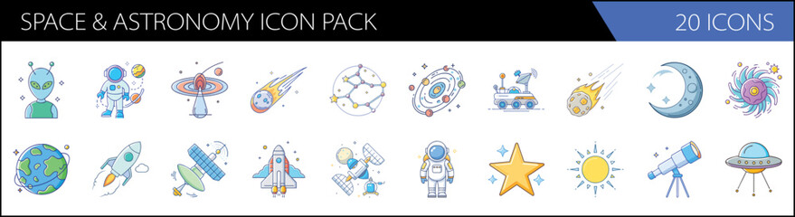 Fototapeta premium Space and astronomy icon pack, 20 icons in flat line style, galaxy and universe exploration symbols, astronaut and rocket ship vector set
