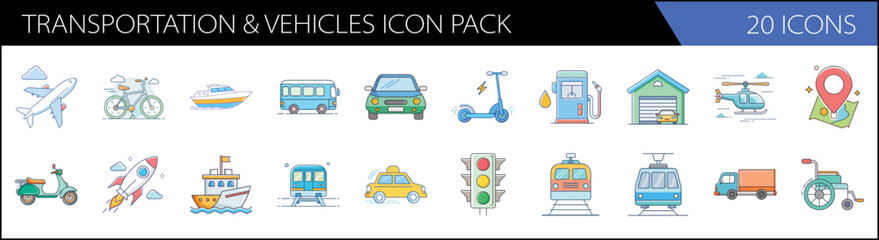 Transportation and vehicles icon pack, 20 flat line vector icons of cars, planes, and ships, modern travel and logistics symbols for web design © Waliul
