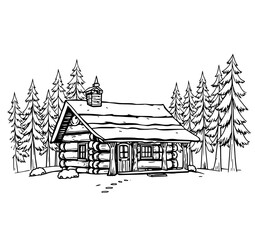 Log Cabin in the Woods: A charming black and white line art illustration depicts a cozy log cabin nestled amongst tall pine trees, showcasing its rustic charm and peaceful forest setting.