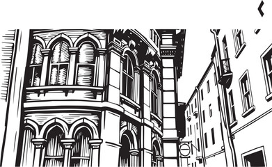 Street landscape, urban architecture, vintage, retro. Hand drawn vector illustration