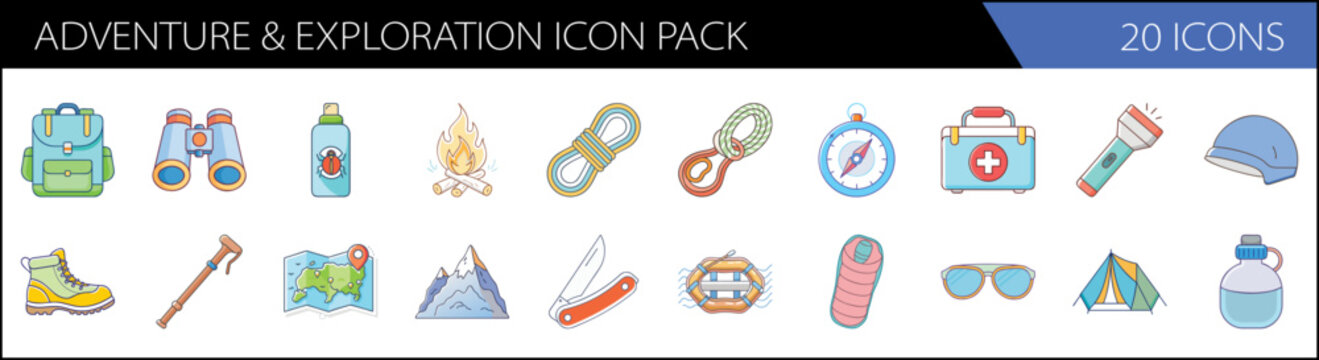Adventure and exploration icon pack, 20 icons set for camping and hiking, outdoor travel equipment vector illustrations, trekking gear symbols