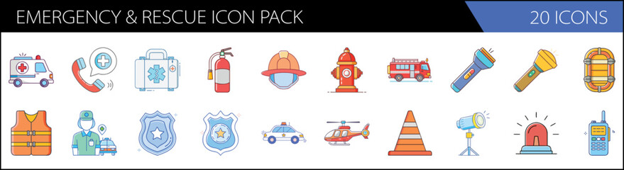 Emergency and rescue icon pack, 20 icons in colorful flat line style, firefighting and medical first aid equipment vector set for safety apps © Waliul