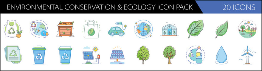 Naklejka premium Environmental conservation and ecology icon pack, 20 icons for sustainability and green energy, flat vector set for climate change awareness