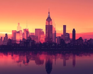 Fototapeta premium City skyline at sunset, stylized