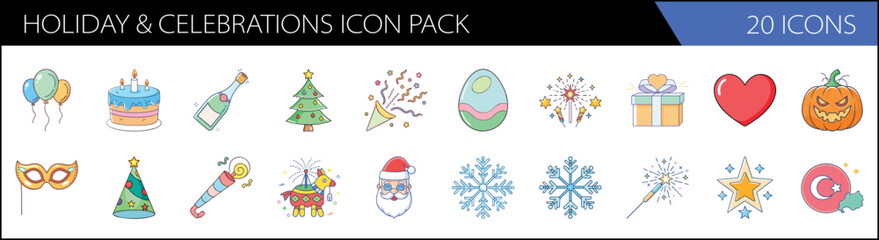 Fototapeta premium Holiday and celebrations icon pack, 20 vector icons for festive events. Christmas and party celebration symbols. Birthday and seasonal holiday elements.