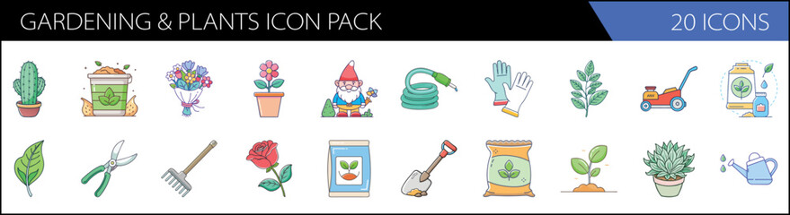 Gardening and plants icon pack, 20 icons set of garden tools and botanical elements, colorful hand drawn vector illustrations for landscaping and horticulture © Waliul