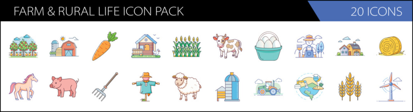 Farm and rural life icon pack, 20 icons in colorful line art style, agriculture and livestock vector set for farming industry and organic food branding