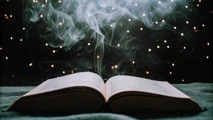 Ancient open book emitting magical smoke and light against a starry night sky