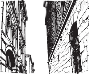 Street landscape, urban architecture, vintage, retro. Hand drawn vector illustration