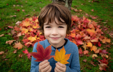 A cheerful child stands amidst a pile of fallen leaves, holding a red and a yellow leaf with a smile, showcasing the beauty of autumn