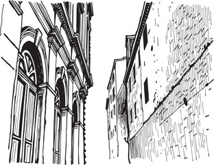 Street landscape, urban architecture, vintage, retro. Hand drawn vector illustration