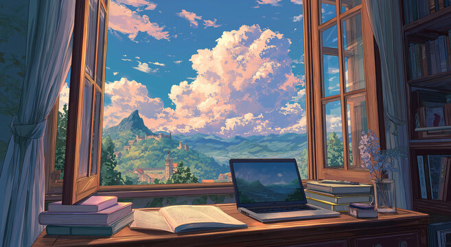 In the study, there is an open window with a romantice scenic view outside. There is a laptop and books on the desk