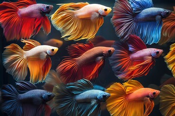 Colorful betta fish displayed in a grid pattern