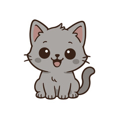 Grey Kawaii Cartoon Cat. Sweet Anime Style Grey Kitten with Round Face and Big Eyes