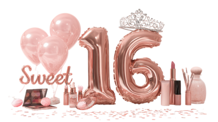Glamorous Sweet 16 birthday setting in rose gold theme, balloons spelling "16", sparkling tiara, confetti burst and makeup items in background, isolated on transparent background