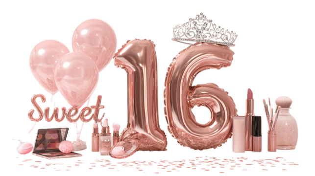 Glamorous Sweet 16 birthday setting in rose gold theme, balloons spelling "16", sparkling tiara, confetti burst and makeup items in background, isolated on transparent background 