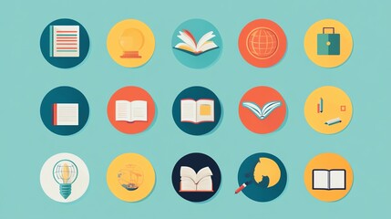 Colorful digital illustrations of reading and learning related icons, in a flat style