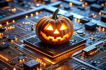 A halloween pumpkin sits on a glowing computer circuit board
