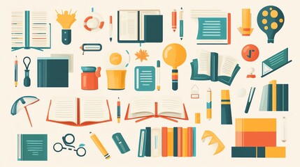 Colorful digital illustrations of reading and learning related icons, in a flat style