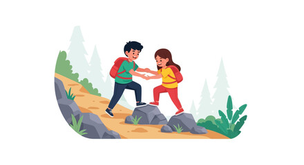 Two children hiking, helping each other up a rocky mountain path.