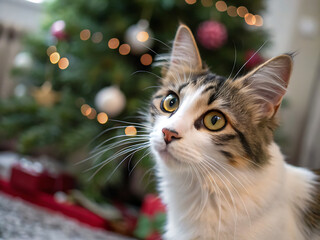 An illustration of a white cat on the Christmas blurry background. Ai Generative