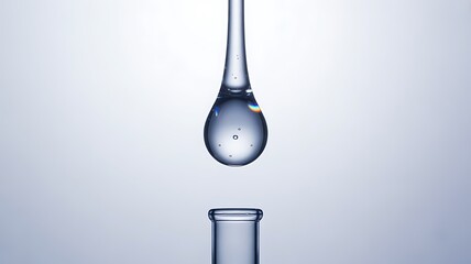 Single water droplet falling into glass tube with soft lighting