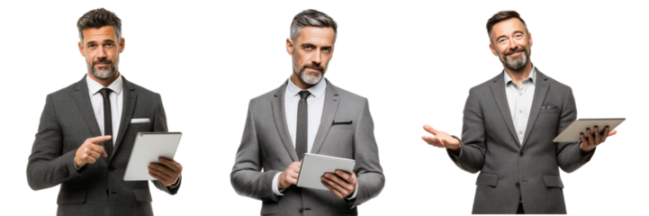 Set of Focused Middle Aged Man in Formal Suit Using Tablet with Expressive Pose isolated on a transparent background