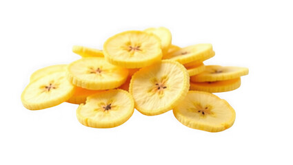 A pile of golden yellow dried banana chips, revealing their circular shape and texture, isolated on a transparent background