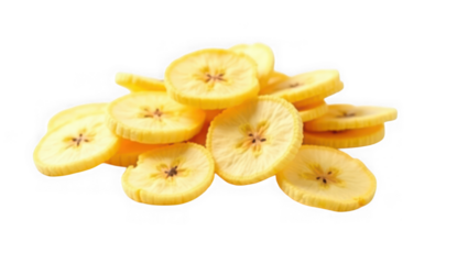 A pile of golden yellow dried banana chips, revealing their circular shape and texture, isolated on a transparent background