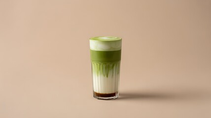 Tall glass of creamy layered matcha latte with frothy top
