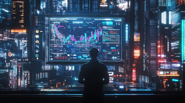 A man checking crypto charts on a holographic screen - Powered by Adobe