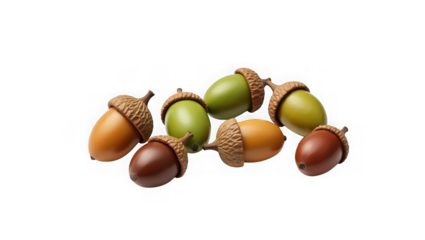 A collection of acorns in various shades of brown and green isolated on white isolated on transparent background