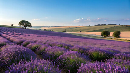 Fototapeta premium Lavender field stretches to the horizon under a clear blue sky