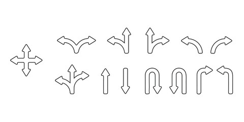 Transparent PNG available
Abstract set of way direction arrow. Collection of way sign, Road navigation arrows, direction mark, crossroad symbol, arrow set vector illustration. Black road navigator arr