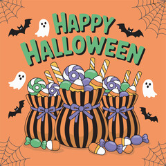 Happy Halloween Candy Bags with Bats and Ghosts Vector Art