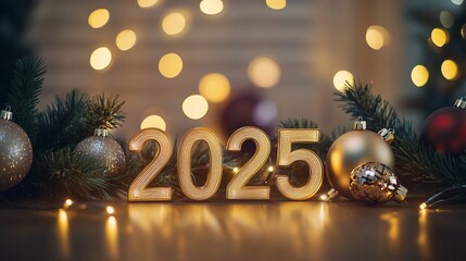 Sparkling 2025 New Year's Celebration with Festive Ornaments and Bokeh Lights