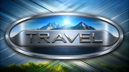 Text TRAVEL logo metallic futuristic neon mountains background design marketing nature booking concept company cruise travel hotel tickets vacation agency banner holiday art tour trip service resort